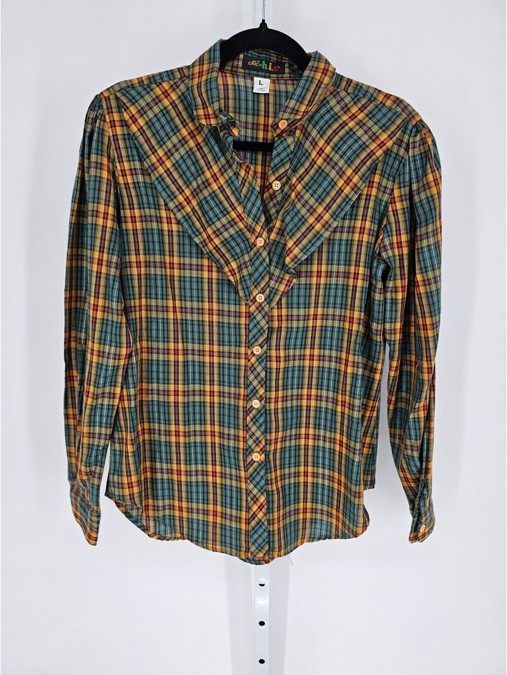 Chic by H.I.S Green Plaid Double Layered Long Sleeve Button-Up Shirt Size L